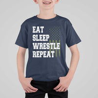 Eat Sleep Wrestle Repeat T Shirt For Kid Funny Wrestling Gym American Flag - Wonder Print Shop