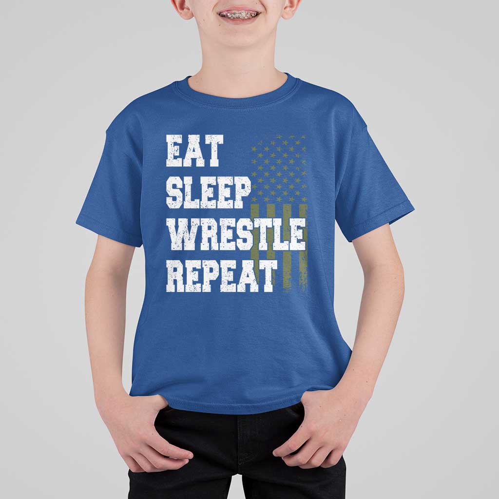 Eat Sleep Wrestle Repeat T Shirt For Kid Funny Wrestling Gym American Flag - Wonder Print Shop