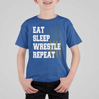 Eat Sleep Wrestle Repeat T Shirt For Kid Funny Wrestling Gym American Flag - Wonder Print Shop
