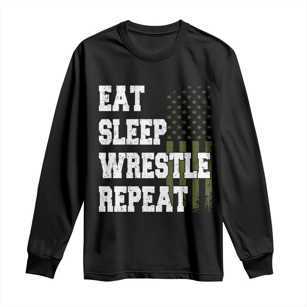 Eat Sleep Wrestle Repeat Long Sleeve Shirt Funny Wrestling Gym American Flag - Wonder Print Shop