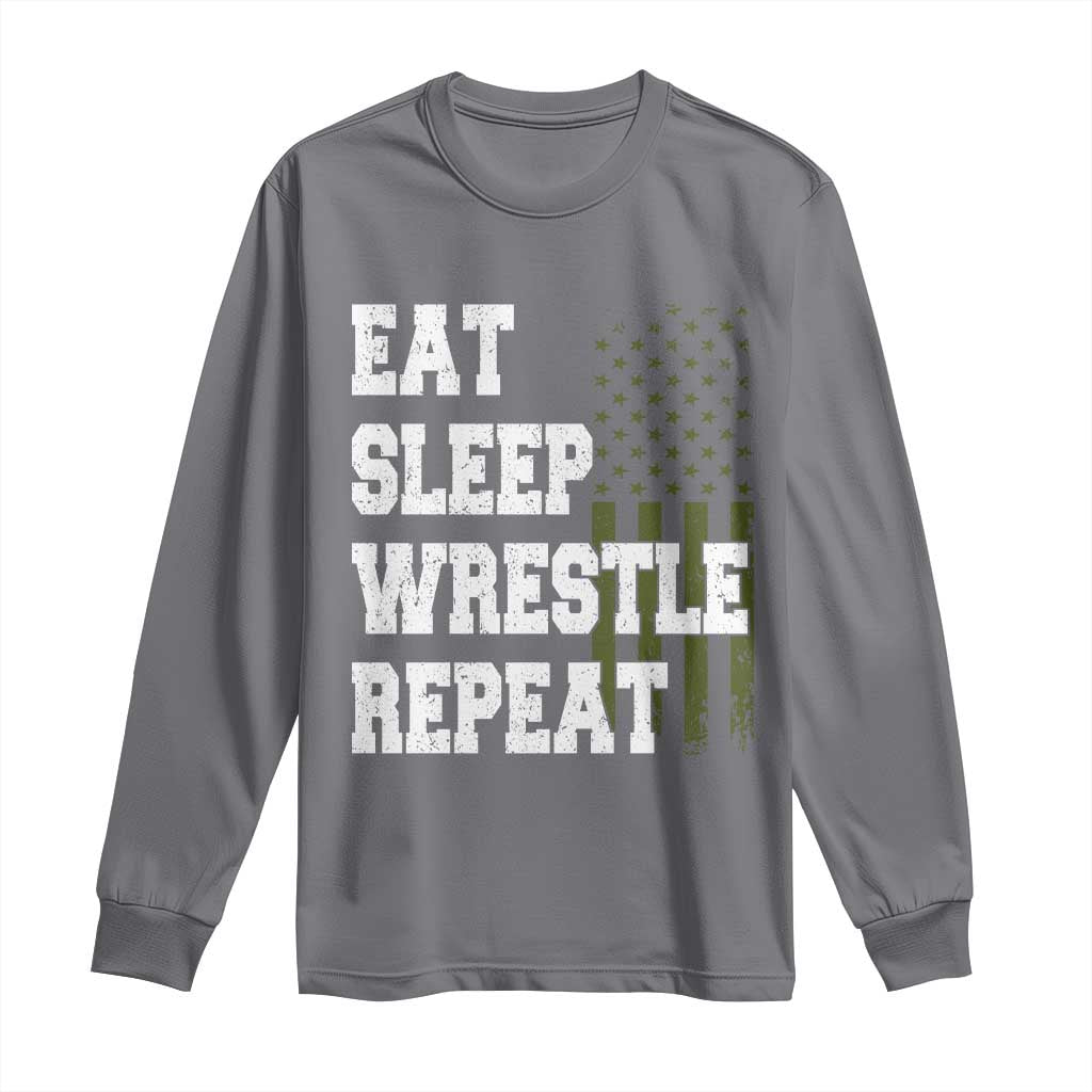 Eat Sleep Wrestle Repeat Long Sleeve Shirt Funny Wrestling Gym American Flag - Wonder Print Shop