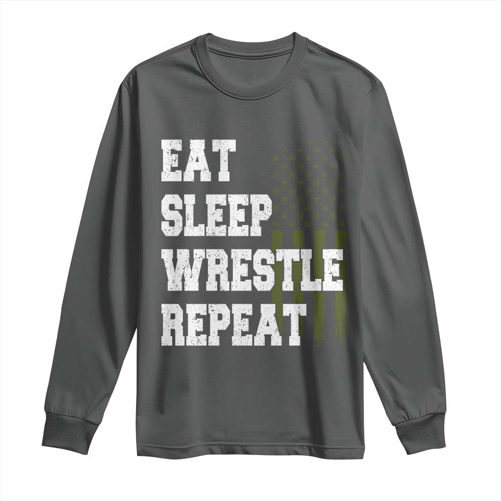 Eat Sleep Wrestle Repeat Long Sleeve Shirt Funny Wrestling Gym American Flag - Wonder Print Shop