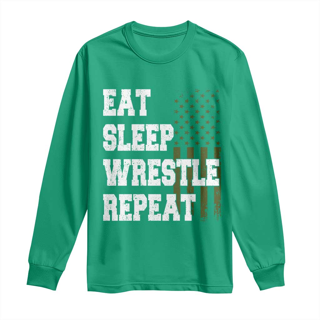Eat Sleep Wrestle Repeat Long Sleeve Shirt Funny Wrestling Gym American Flag - Wonder Print Shop