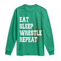 Eat Sleep Wrestle Repeat Long Sleeve Shirt Funny Wrestling Gym American Flag - Wonder Print Shop
