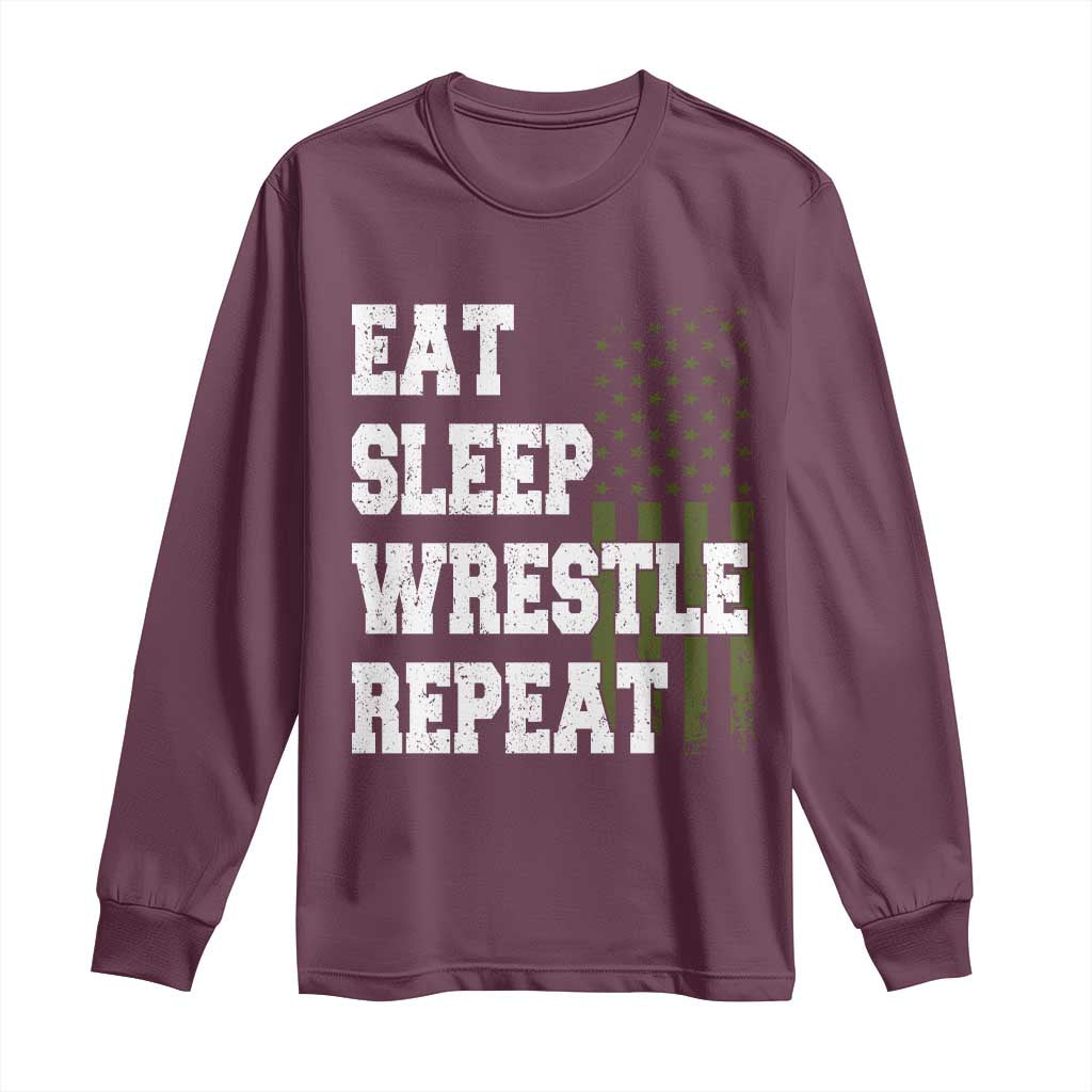 Eat Sleep Wrestle Repeat Long Sleeve Shirt Funny Wrestling Gym American Flag - Wonder Print Shop