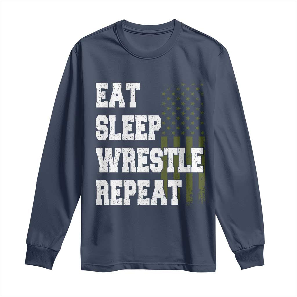 Eat Sleep Wrestle Repeat Long Sleeve Shirt Funny Wrestling Gym American Flag - Wonder Print Shop