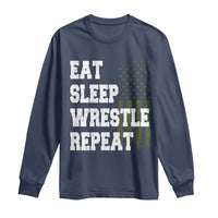 Eat Sleep Wrestle Repeat Long Sleeve Shirt Funny Wrestling Gym American Flag - Wonder Print Shop