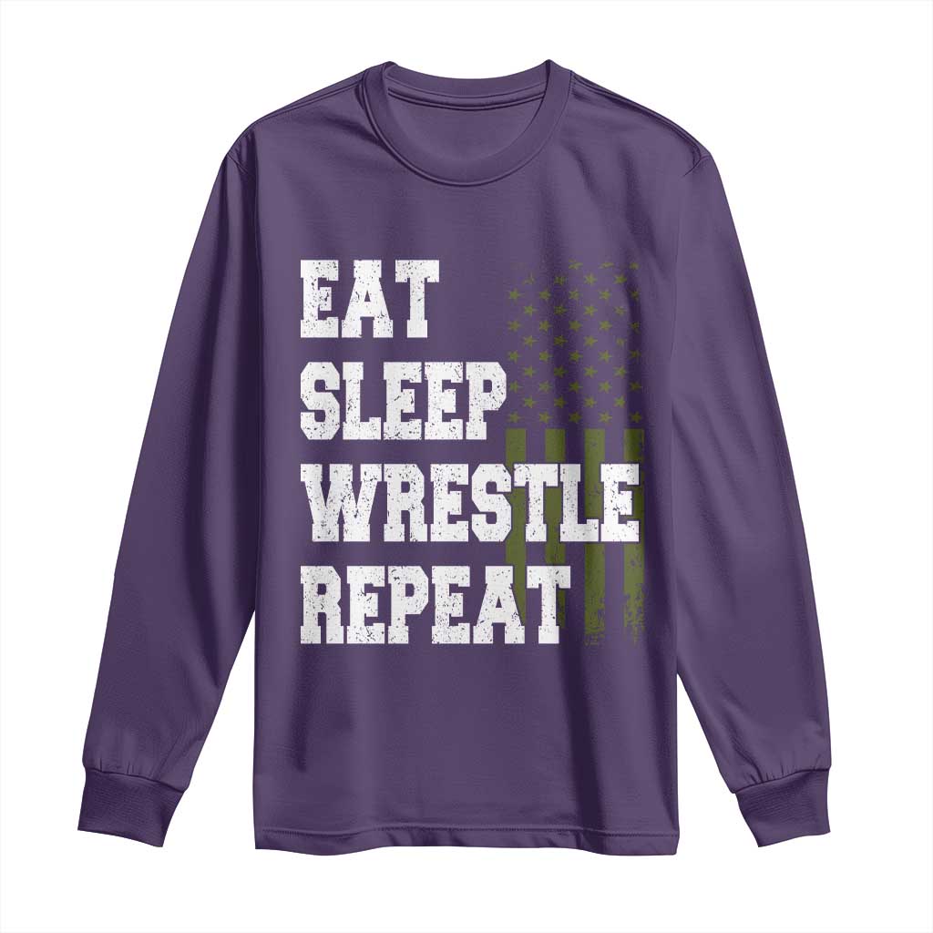 Eat Sleep Wrestle Repeat Long Sleeve Shirt Funny Wrestling Gym American Flag - Wonder Print Shop