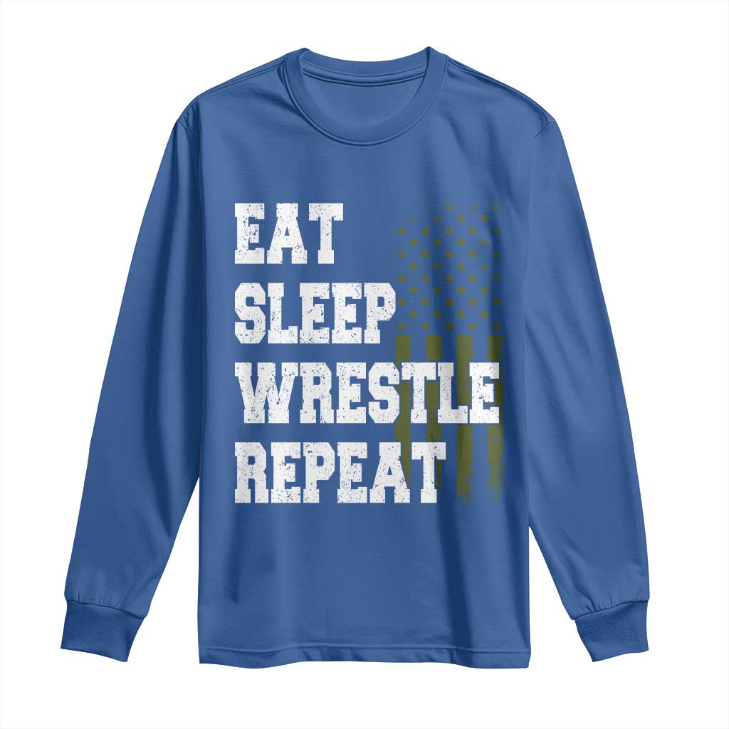Eat Sleep Wrestle Repeat Long Sleeve Shirt Funny Wrestling Gym American Flag - Wonder Print Shop