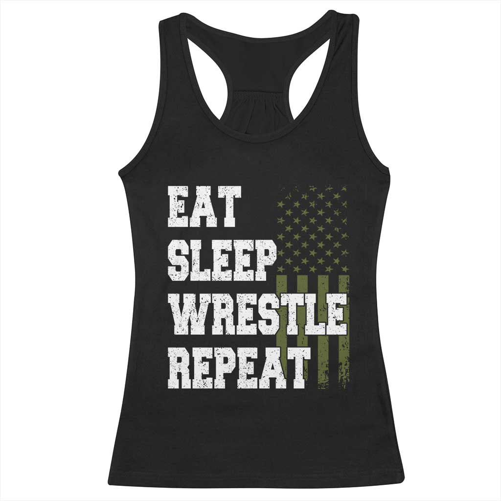 Eat Sleep Wrestle Repeat Racerback Tank Top Funny Wrestling Gym American Flag - Wonder Print Shop