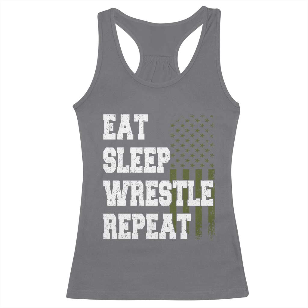 Eat Sleep Wrestle Repeat Racerback Tank Top Funny Wrestling Gym American Flag - Wonder Print Shop