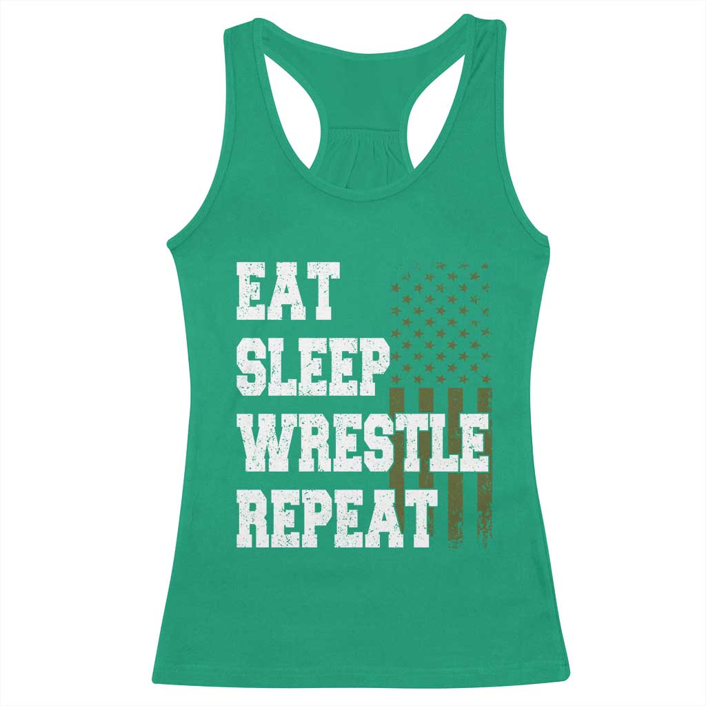 Eat Sleep Wrestle Repeat Racerback Tank Top Funny Wrestling Gym American Flag - Wonder Print Shop