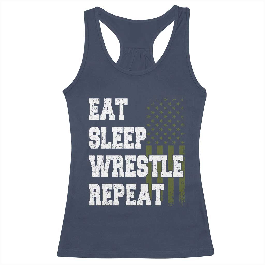 Eat Sleep Wrestle Repeat Racerback Tank Top Funny Wrestling Gym American Flag - Wonder Print Shop