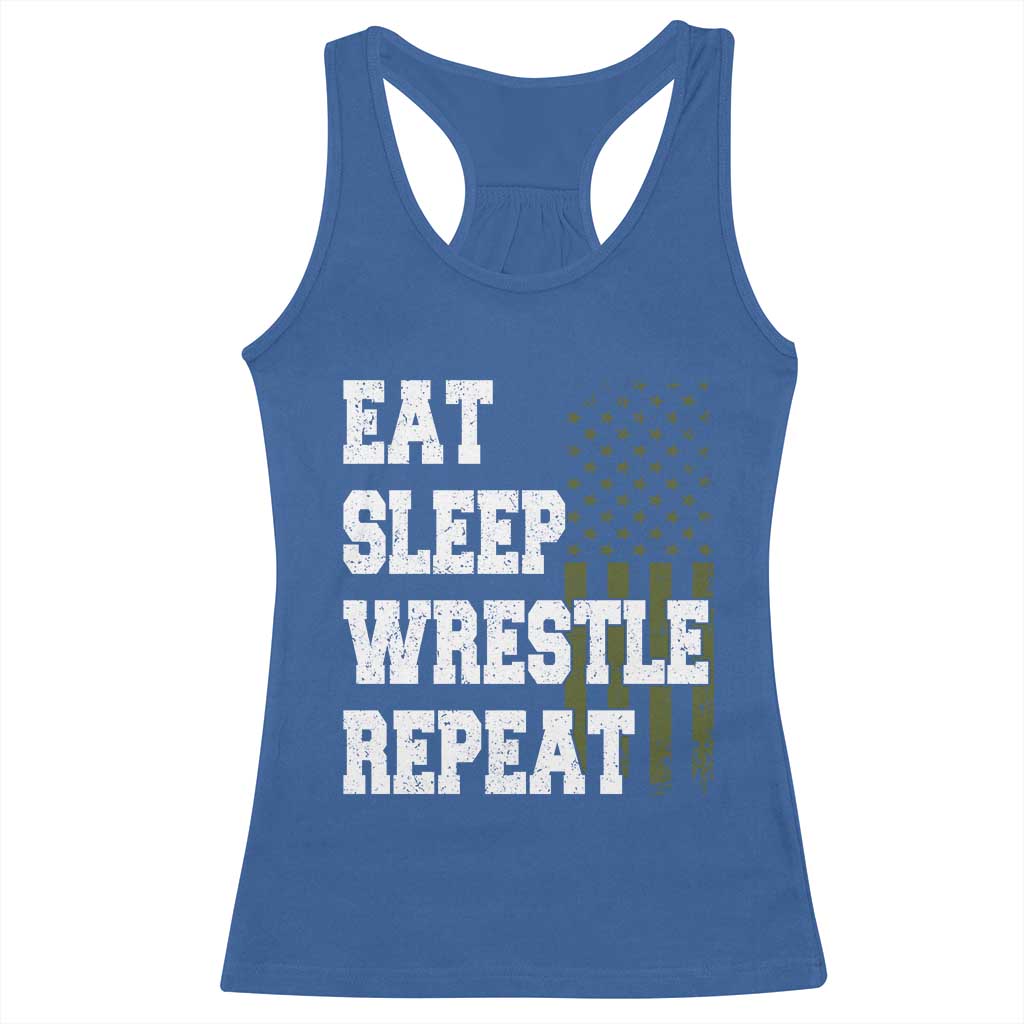 Eat Sleep Wrestle Repeat Racerback Tank Top Funny Wrestling Gym American Flag - Wonder Print Shop