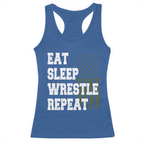 Eat Sleep Wrestle Repeat Racerback Tank Top Funny Wrestling Gym American Flag - Wonder Print Shop