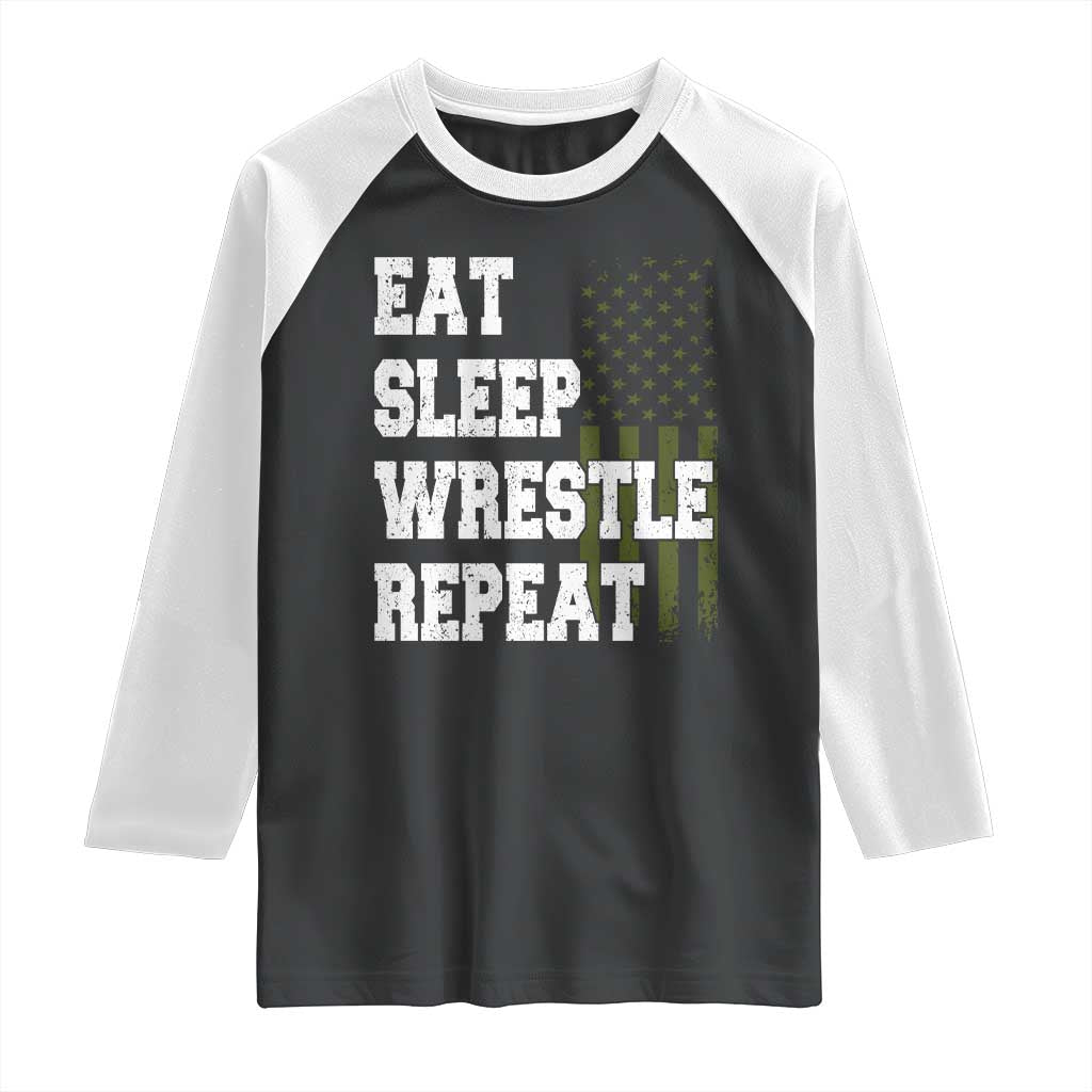 Eat Sleep Wrestle Repeat Raglan Shirt Funny Wrestling Gym American Flag - Wonder Print Shop