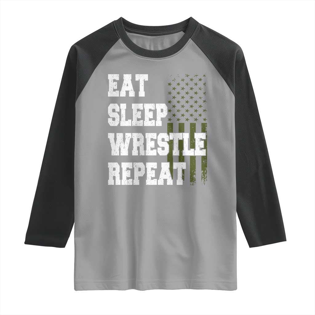 Eat Sleep Wrestle Repeat Raglan Shirt Funny Wrestling Gym American Flag - Wonder Print Shop
