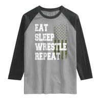 Eat Sleep Wrestle Repeat Raglan Shirt Funny Wrestling Gym American Flag - Wonder Print Shop