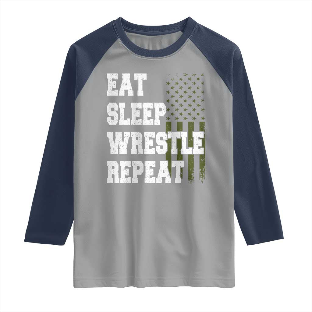 Eat Sleep Wrestle Repeat Raglan Shirt Funny Wrestling Gym American Flag - Wonder Print Shop