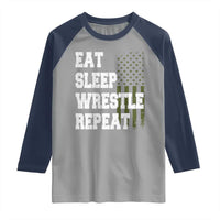 Eat Sleep Wrestle Repeat Raglan Shirt Funny Wrestling Gym American Flag - Wonder Print Shop