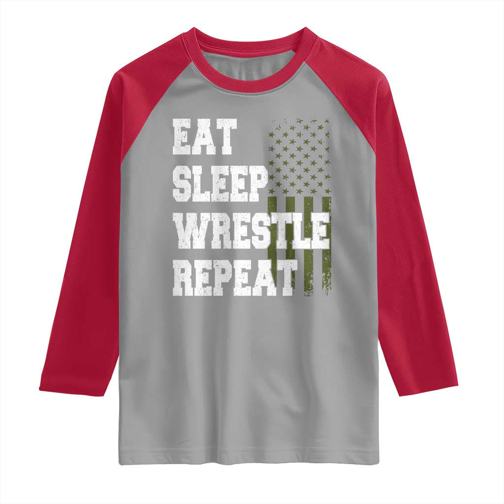 Eat Sleep Wrestle Repeat Raglan Shirt Funny Wrestling Gym American Flag - Wonder Print Shop