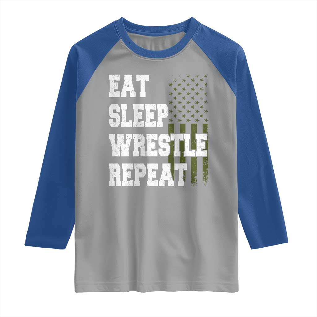 Eat Sleep Wrestle Repeat Raglan Shirt Funny Wrestling Gym American Flag - Wonder Print Shop