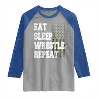 Eat Sleep Wrestle Repeat Raglan Shirt Funny Wrestling Gym American Flag - Wonder Print Shop