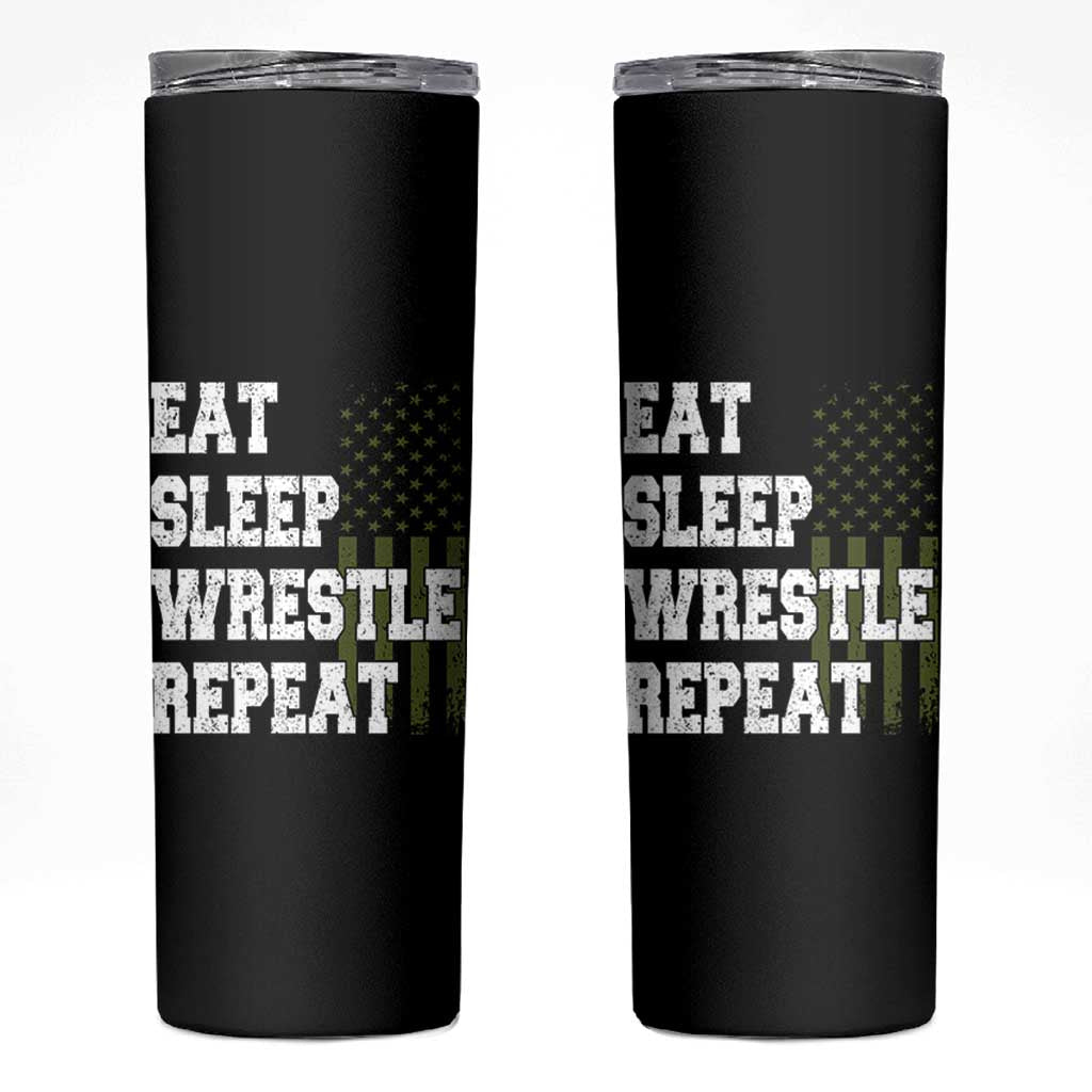 Eat Sleep Wrestle Repeat Skinny Tumbler Funny Wrestling Gym American Flag - Wonder Print Shop