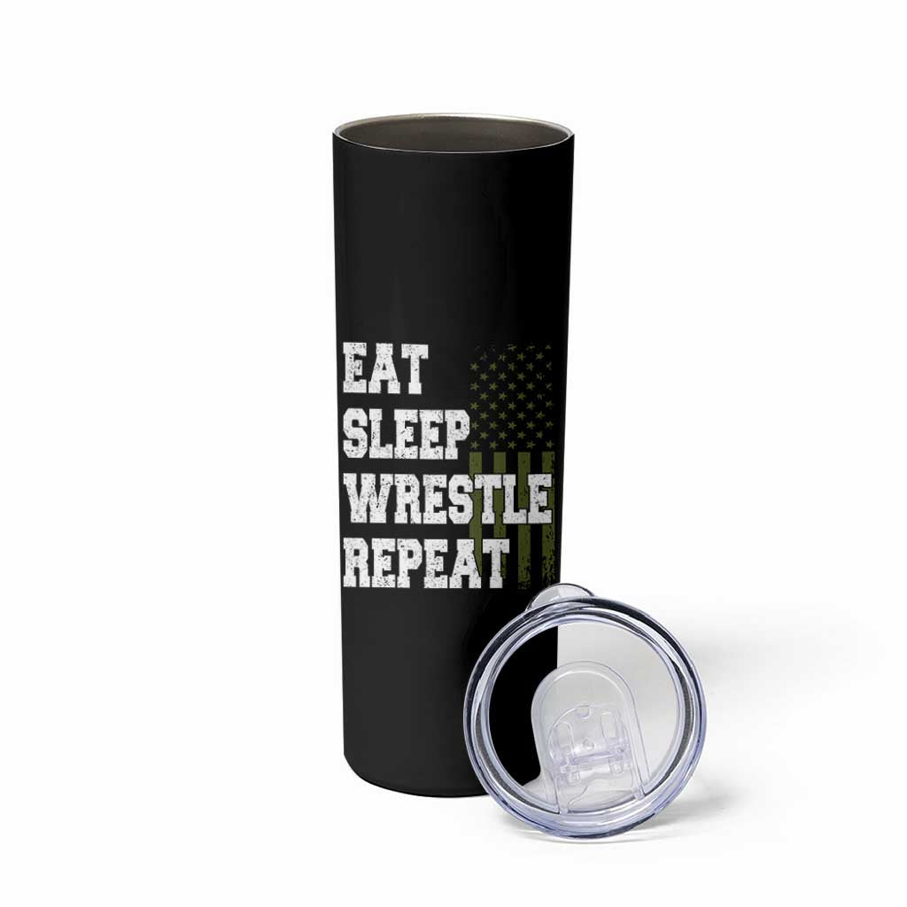 Eat Sleep Wrestle Repeat Skinny Tumbler Funny Wrestling Gym American Flag - Wonder Print Shop