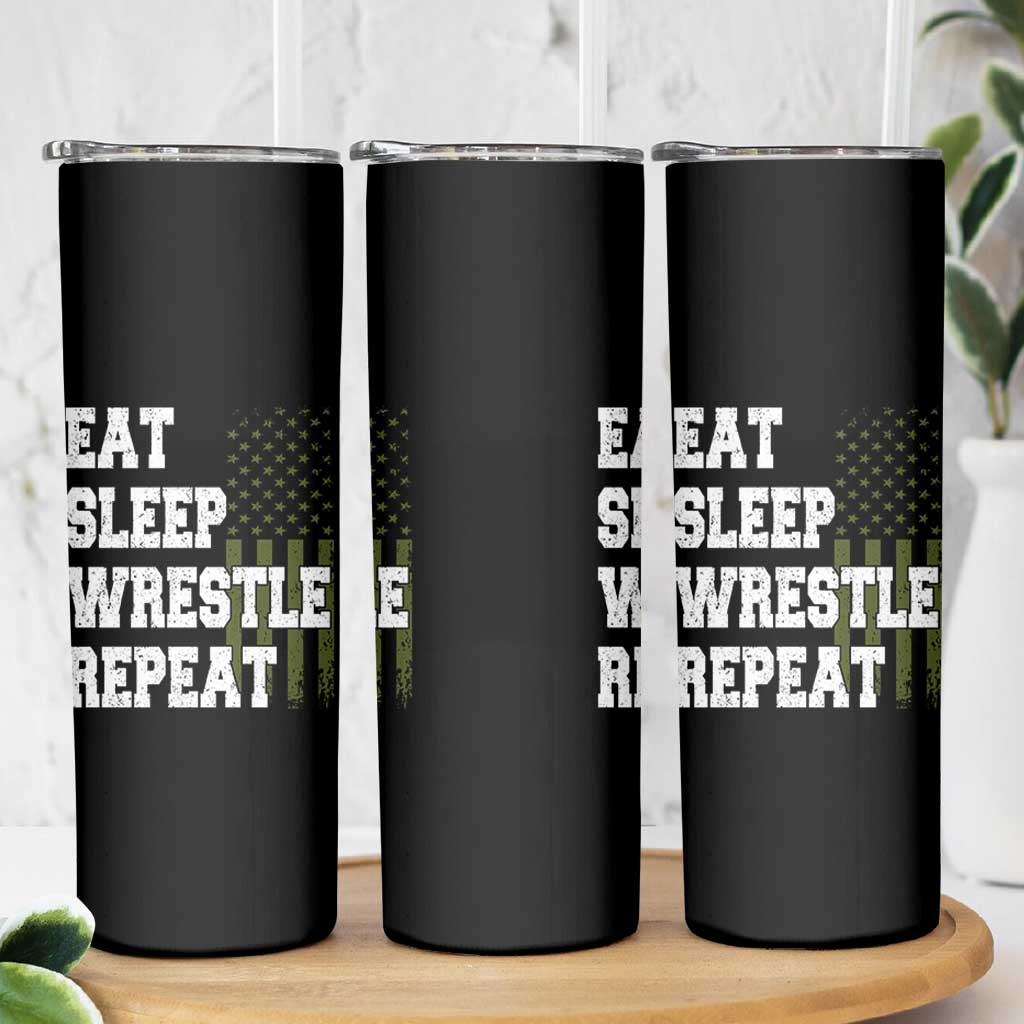 Eat Sleep Wrestle Repeat Skinny Tumbler Funny Wrestling Gym American Flag - Wonder Print Shop