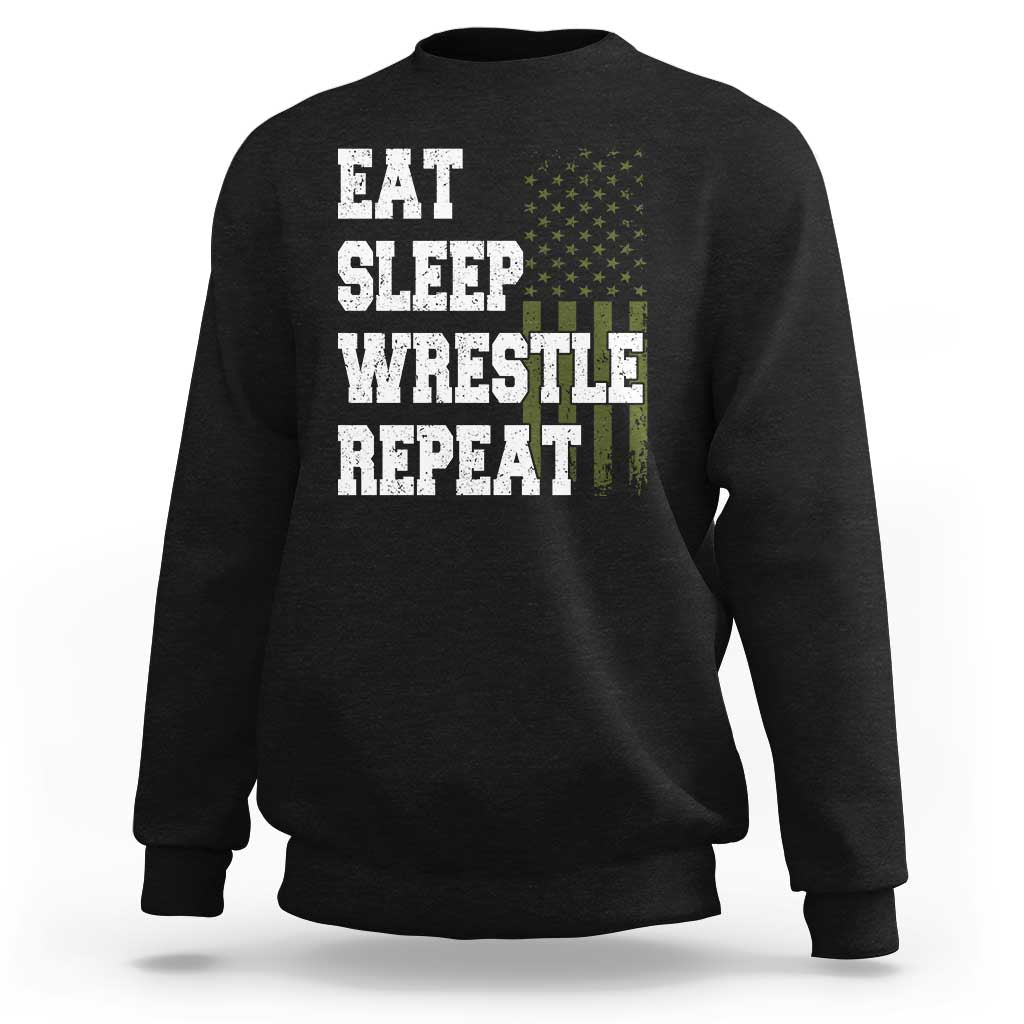 Eat Sleep Wrestle Repeat Sweatshirt Funny Wrestling Gym American Flag - Wonder Print Shop