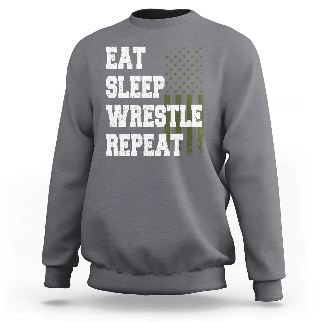 Eat Sleep Wrestle Repeat Sweatshirt Funny Wrestling Gym American Flag - Wonder Print Shop