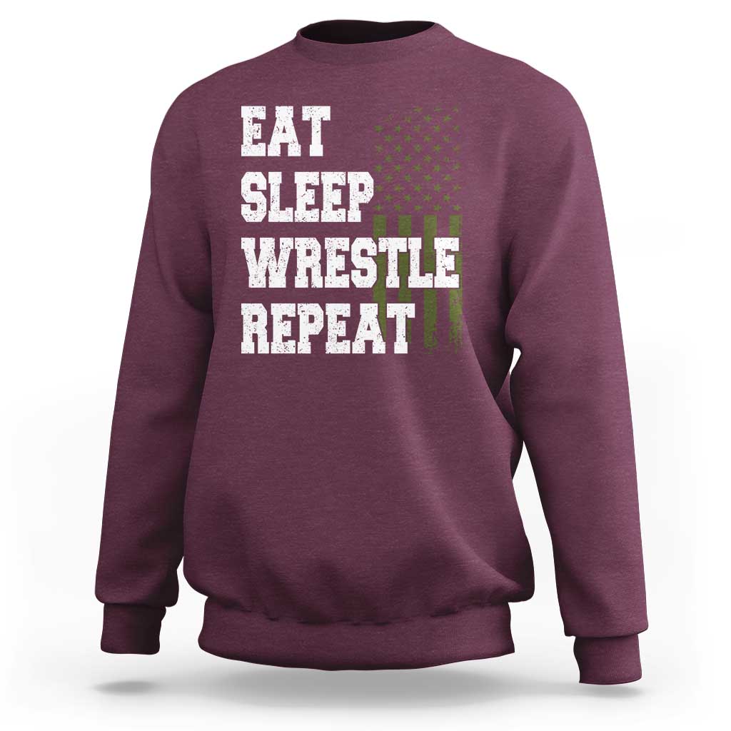 Eat Sleep Wrestle Repeat Sweatshirt Funny Wrestling Gym American Flag - Wonder Print Shop