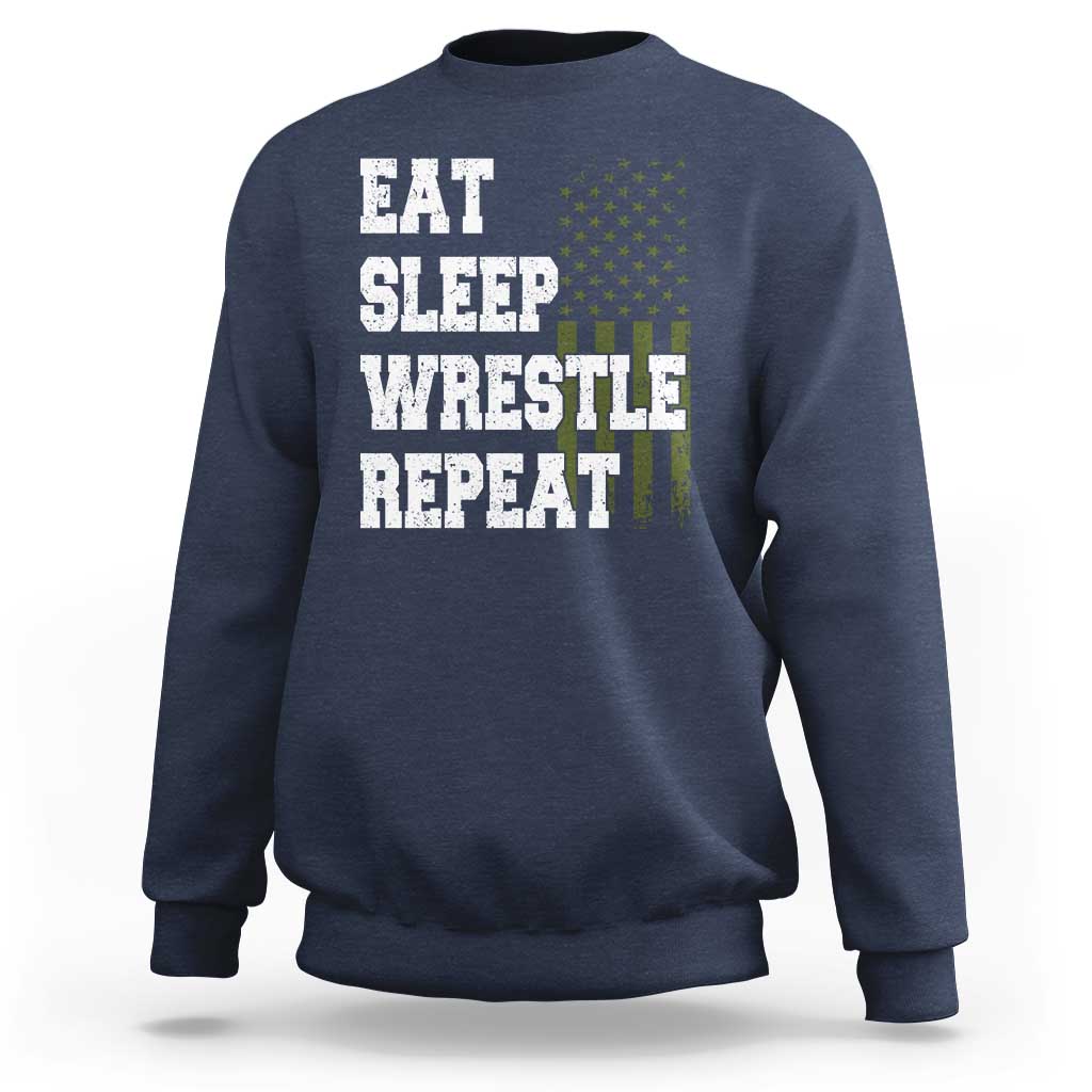 Eat Sleep Wrestle Repeat Sweatshirt Funny Wrestling Gym American Flag - Wonder Print Shop