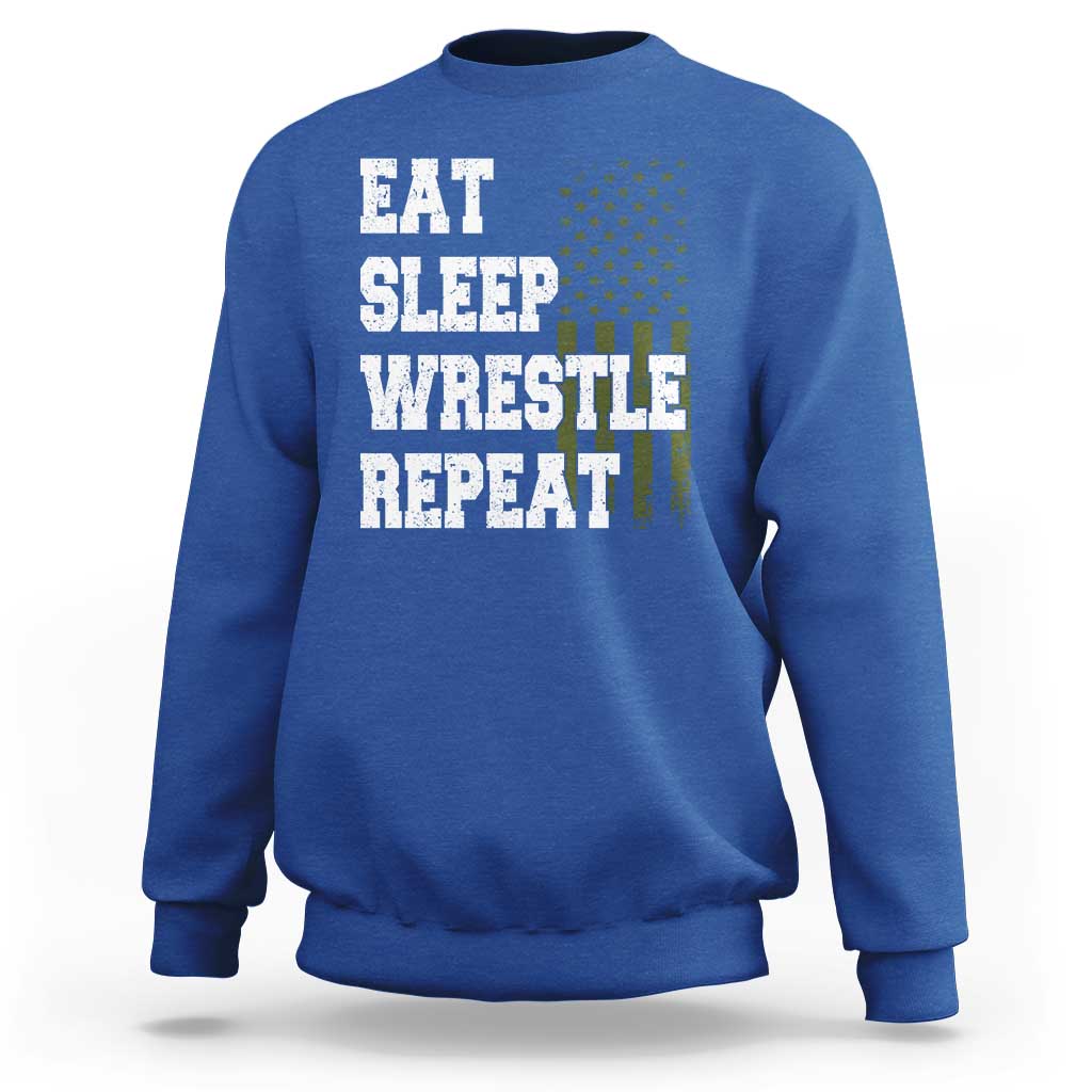 Eat Sleep Wrestle Repeat Sweatshirt Funny Wrestling Gym American Flag - Wonder Print Shop