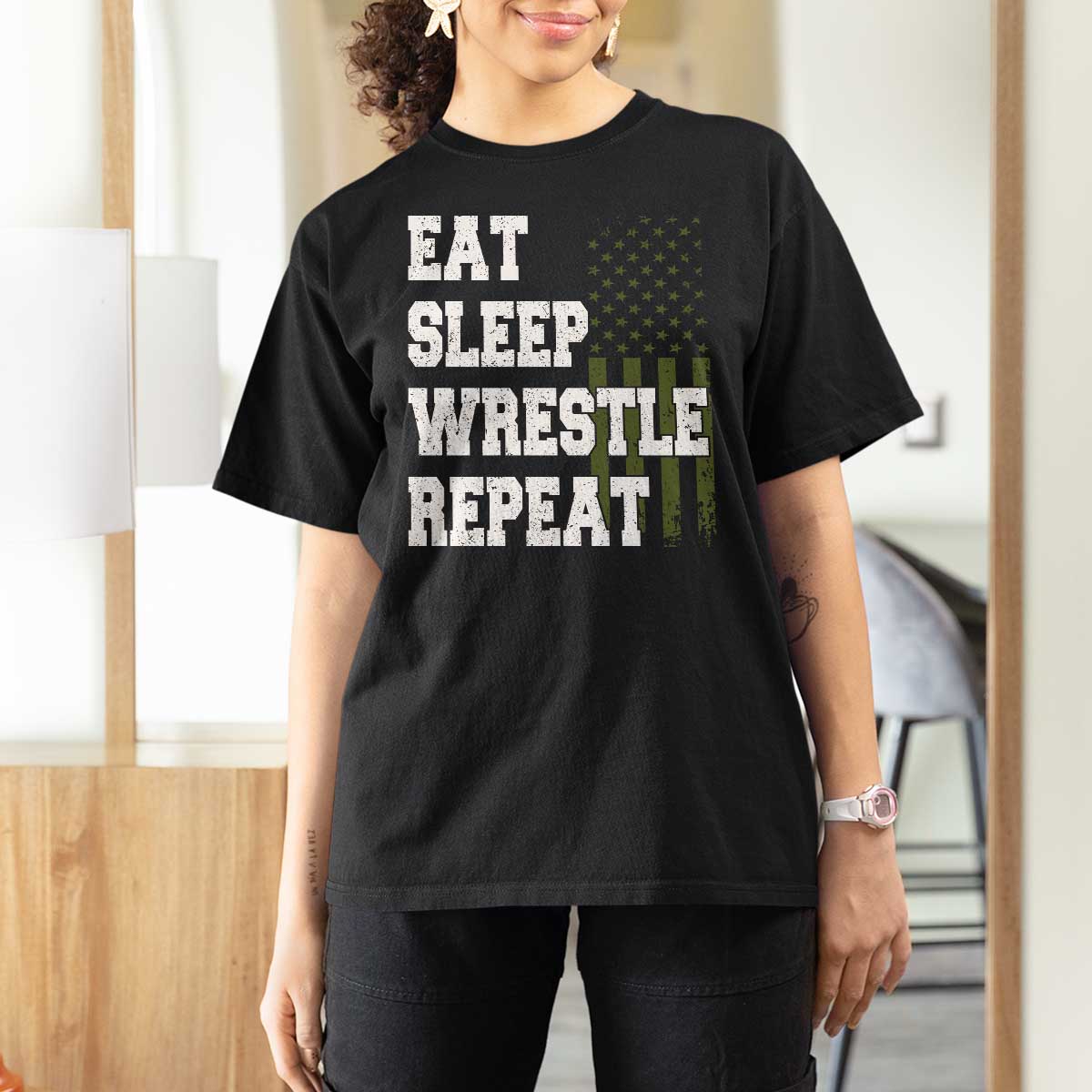 Eat Sleep Wrestle Repeat T Shirt For Women Funny Wrestling Gym American Flag - Wonder Print Shop