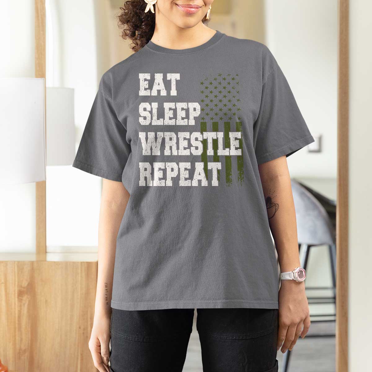 Eat Sleep Wrestle Repeat T Shirt For Women Funny Wrestling Gym American Flag - Wonder Print Shop
