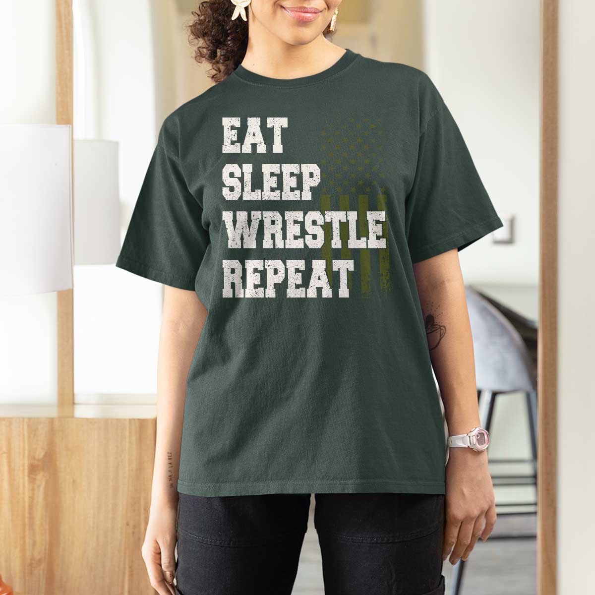 Eat Sleep Wrestle Repeat T Shirt For Women Funny Wrestling Gym American Flag - Wonder Print Shop