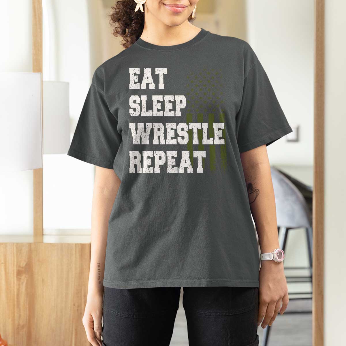 Eat Sleep Wrestle Repeat T Shirt For Women Funny Wrestling Gym American Flag - Wonder Print Shop