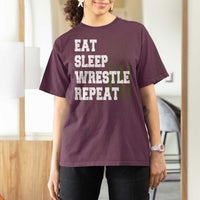 Eat Sleep Wrestle Repeat T Shirt For Women Funny Wrestling Gym American Flag - Wonder Print Shop
