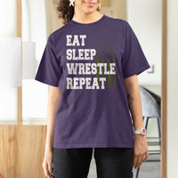 Eat Sleep Wrestle Repeat T Shirt For Women Funny Wrestling Gym American Flag - Wonder Print Shop