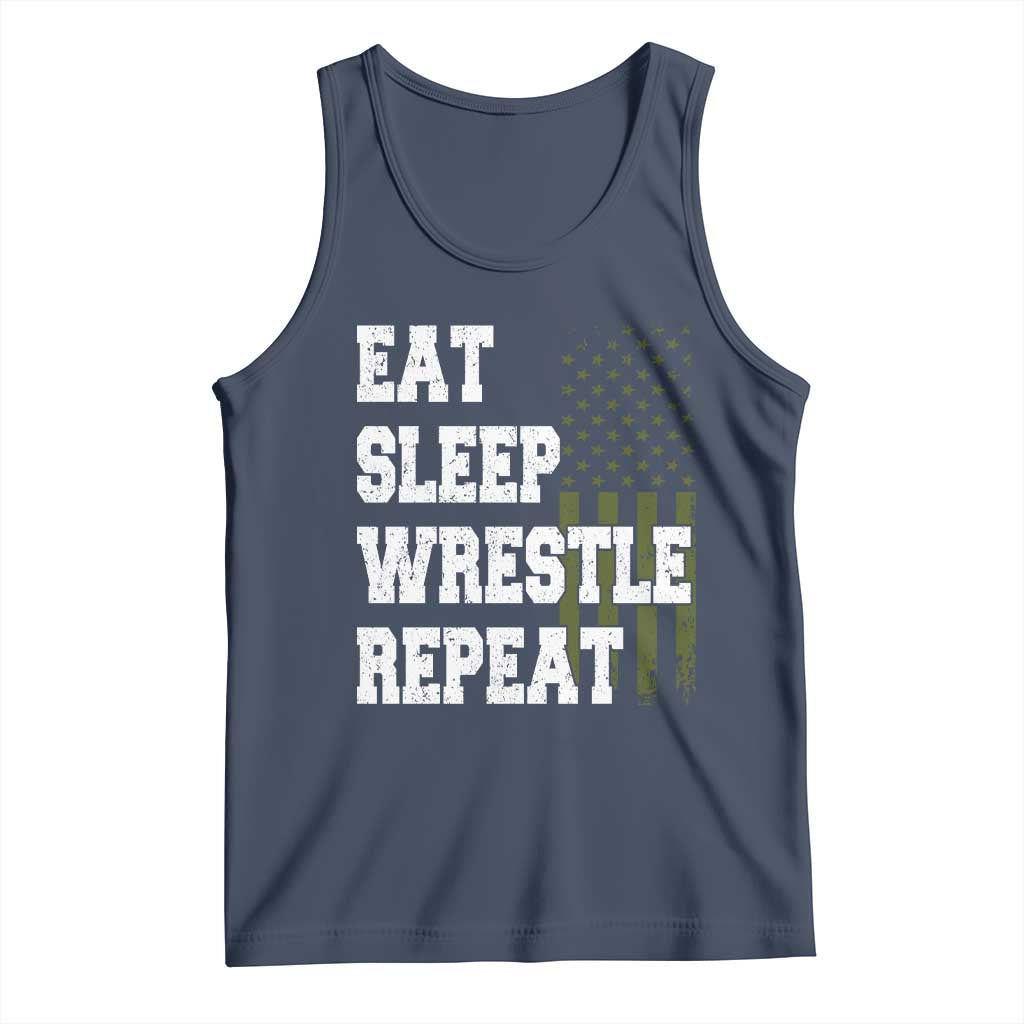 Eat Sleep Wrestle Repeat Tank Top Funny Wrestling Gym American Flag - Wonder Print Shop