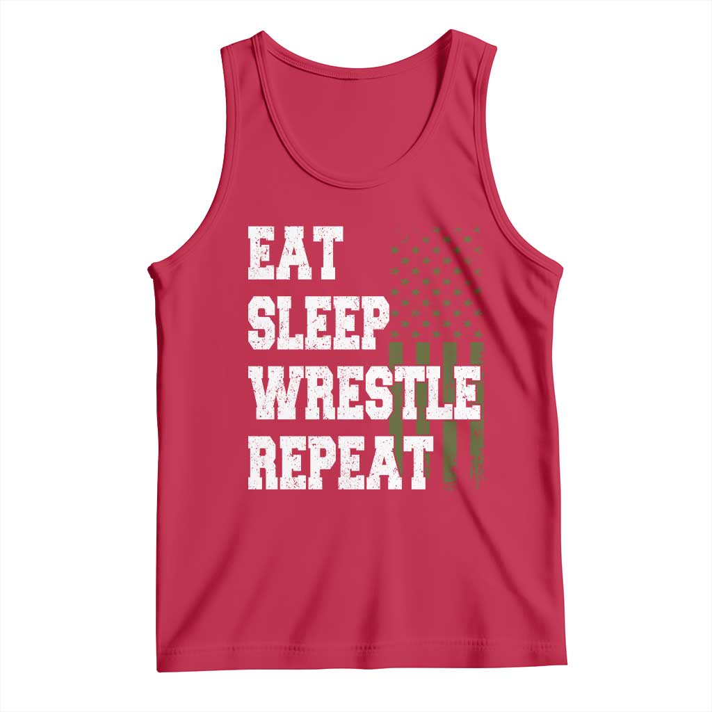 Eat Sleep Wrestle Repeat Tank Top Funny Wrestling Gym American Flag - Wonder Print Shop