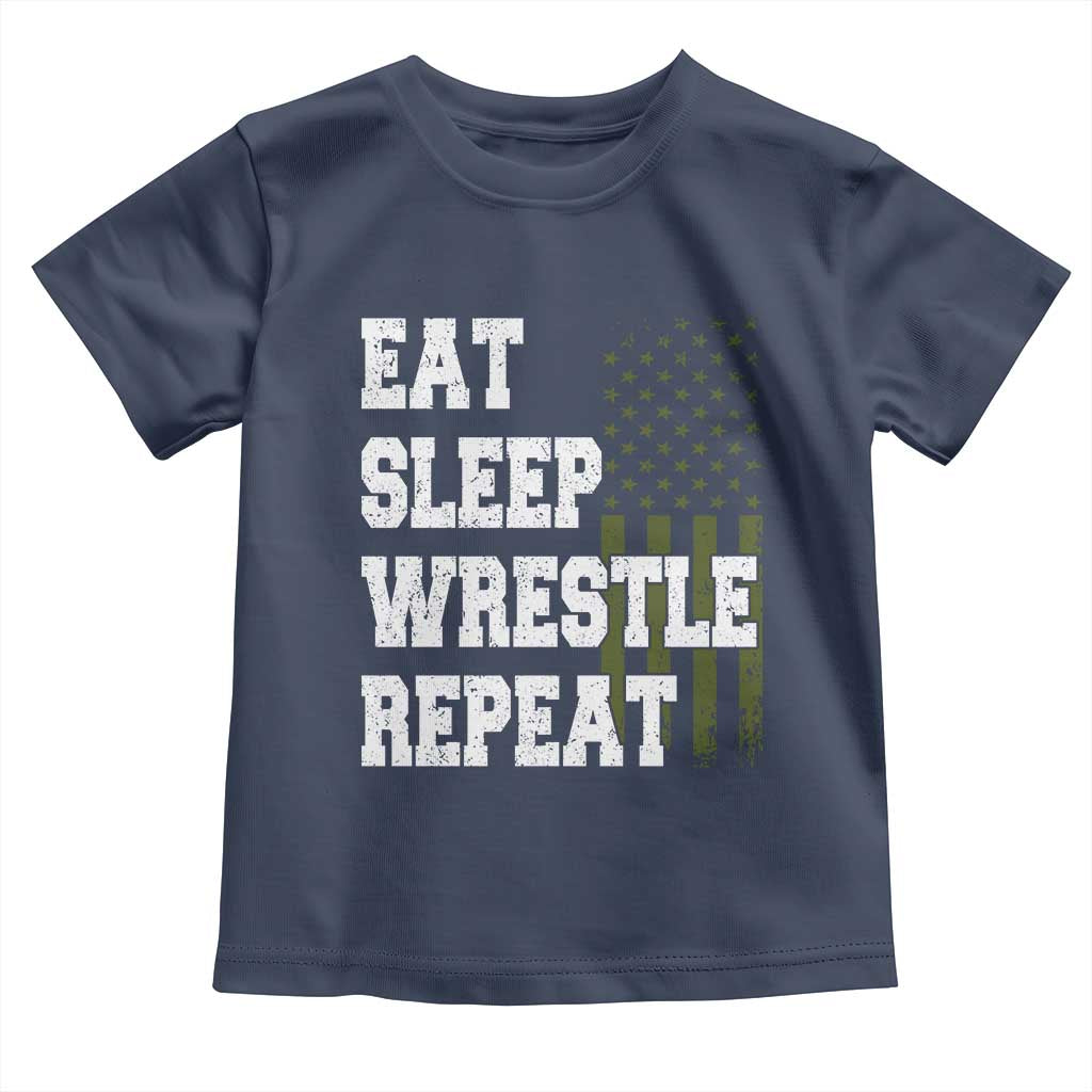 Eat Sleep Wrestle Repeat Toddler T Shirt Funny Wrestling Gym American Flag - Wonder Print Shop
