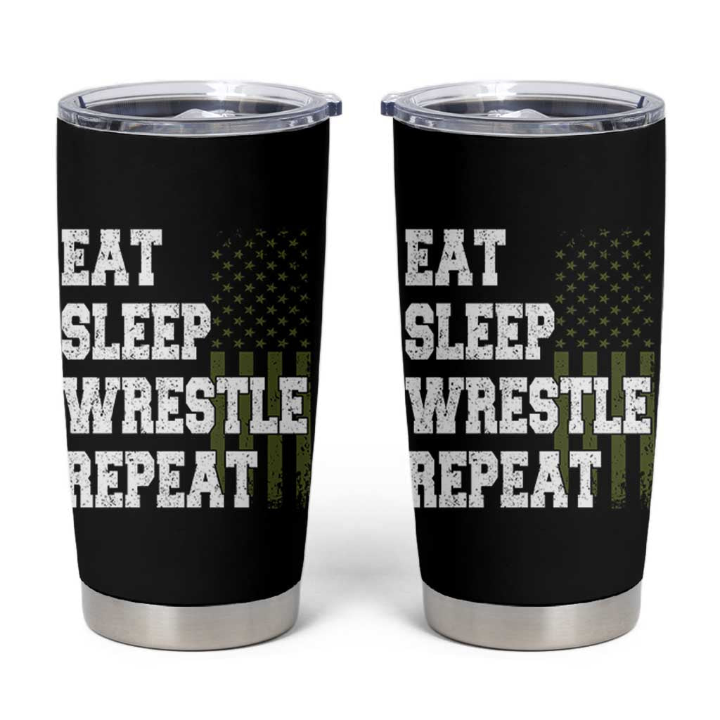 Eat Sleep Wrestle Repeat Tumbler Cup Funny Wrestling Gym American Flag - Wonder Print Shop