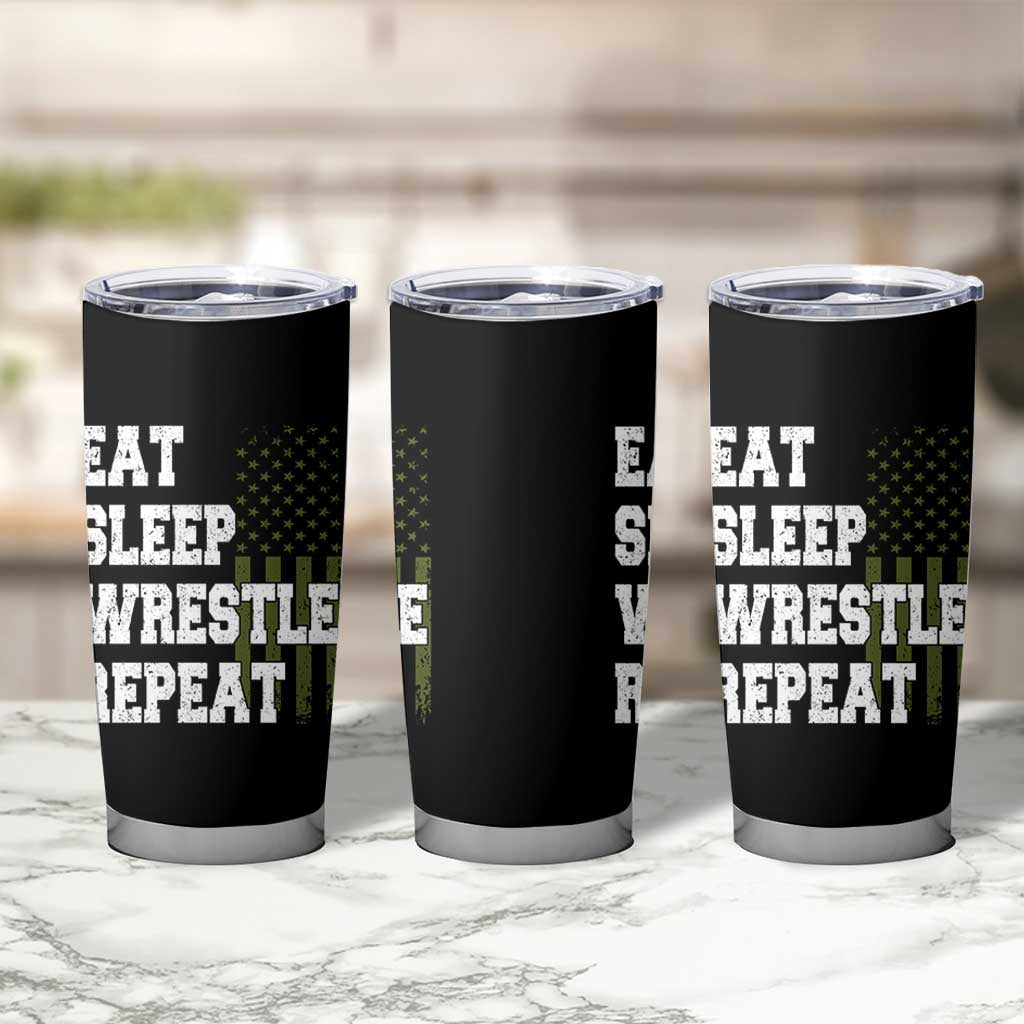 Eat Sleep Wrestle Repeat Tumbler Cup Funny Wrestling Gym American Flag - Wonder Print Shop