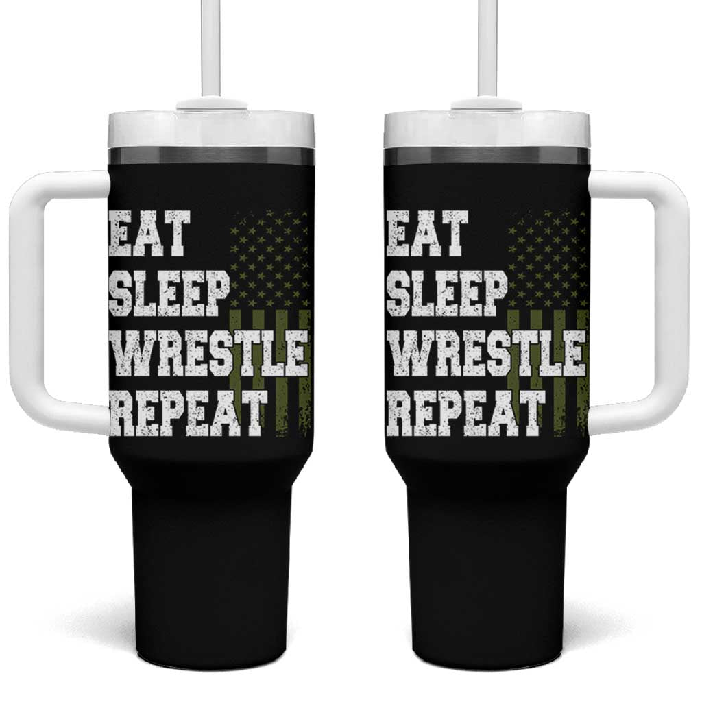 Eat Sleep Wrestle Repeat Tumbler With Handle Funny Wrestling Gym American Flag - Wonder Print Shop