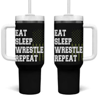 Eat Sleep Wrestle Repeat Tumbler With Handle Funny Wrestling Gym American Flag - Wonder Print Shop