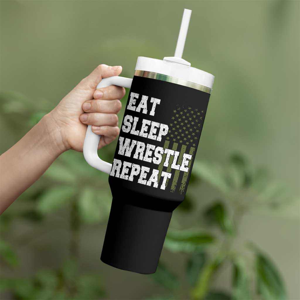 Eat Sleep Wrestle Repeat Tumbler With Handle Funny Wrestling Gym American Flag - Wonder Print Shop