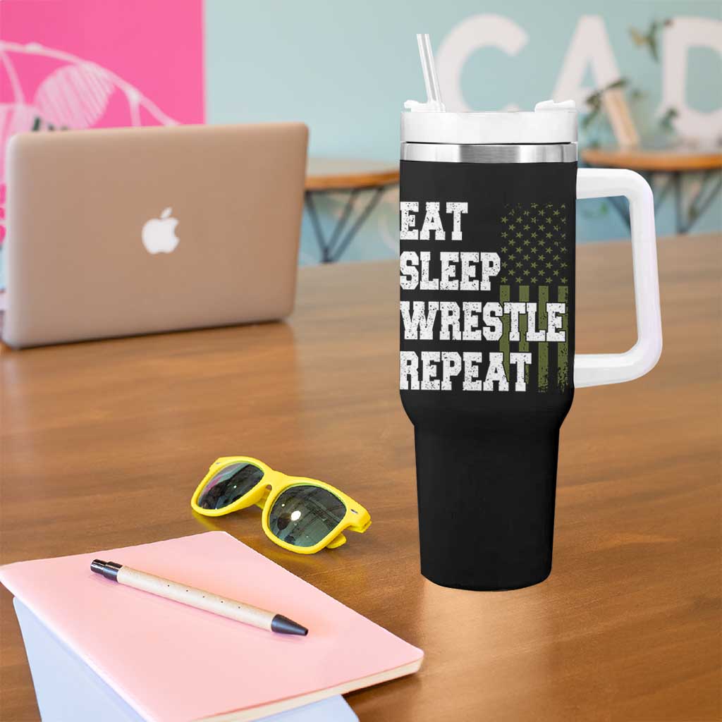Eat Sleep Wrestle Repeat Tumbler With Handle Funny Wrestling Gym American Flag - Wonder Print Shop